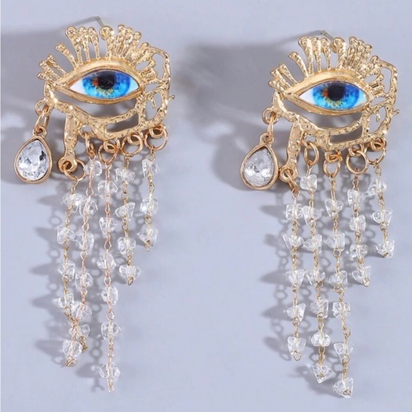 “Blue Eye Chandelier” Vivid Realism Cry Iris Tiered Crystal Tear Tassel Earrings - Picture 5 of 12